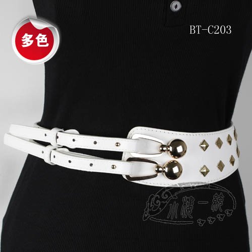 Free shipping Hot-sale imported high-quality Punk Ladies Stud Leather Double Pin Buckle Double Back Wide Belt gBT-C203l