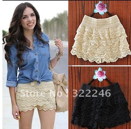 Free Shipping Hot sale Korean Fashion Womens Sweet Cute Crochet Tiered Lace Shorts Skorts Short Pants