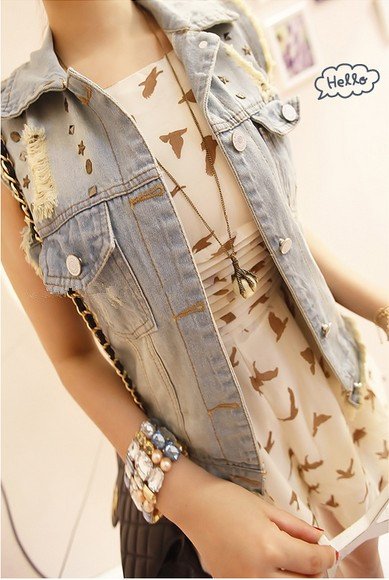 Free Shipping Hot Sale Korean Style Sleeveless Holes Embellished Denim Vest, Women's Jeans,Denim Coat+Wholesale/Retail/Drop Ship