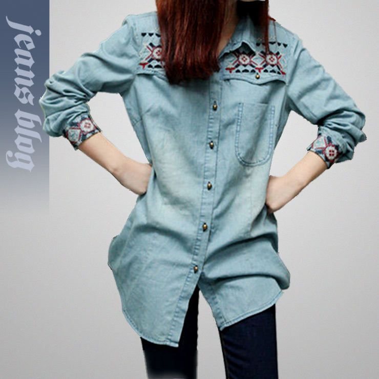 Free Shipping  Hot Sale  Ladies embroidery Fashion Blue Jean Shirt Classical Fashion Jean Clothes Korean Style  6061