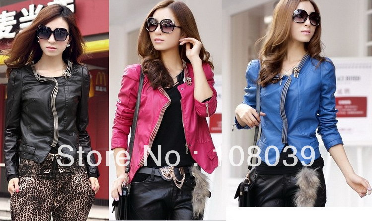 Free shipping-Hot Sale New Design Popular Style Lady Leather denim Coat,Women Motorcycle Jacket,Candy Colours Black Pink Blue