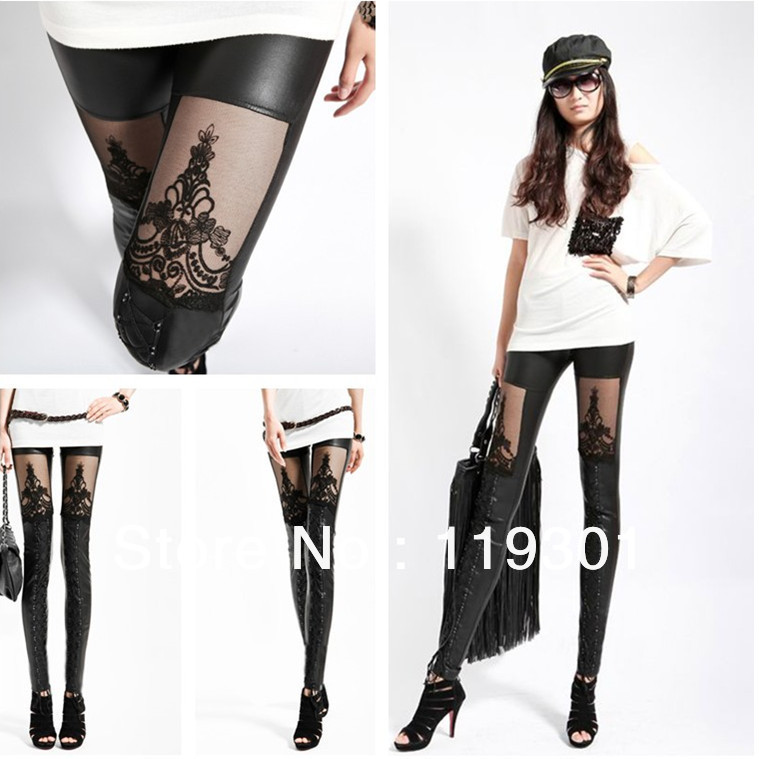 Free Shipping Hot sale Sexy Faux Leather Retro Gothic Punk Style Lace Black Lady Leggings Tights Pants Wholesale Hot sale DDG