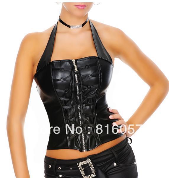 Free Shipping Hot Sale Sexy Genuine Leather CORSET, Bustier With Sexy Thongs , Black, Wholesale Women's Bustier