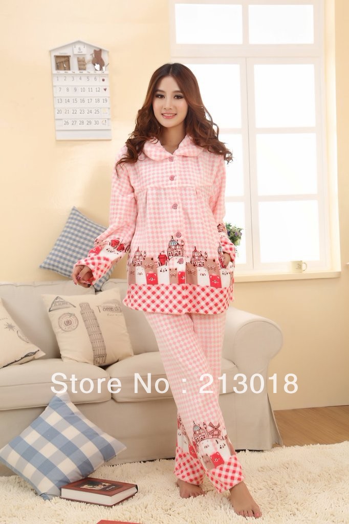 Free shipping! HOT sale ,warm 2012 Pajama Fall and Winter Coralon Leather women pink  pajamas set (1 long sleeve +1 pants )