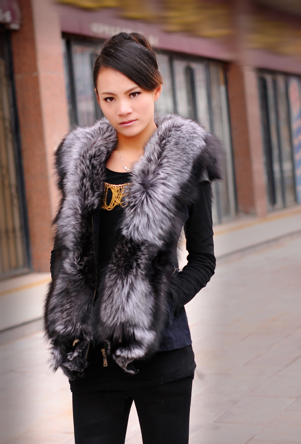 Free Shipping Hot Sale Women Natural Fox Fur Collar with Genuine Sheepskin Vest