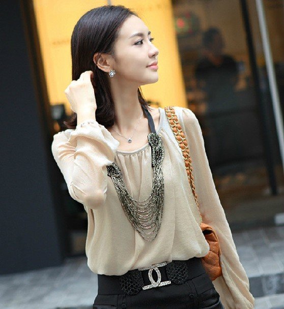 Free Shipping Hot Sale Women New Fashion Chiffon Lady blouse Beige, white, black Size: S M L