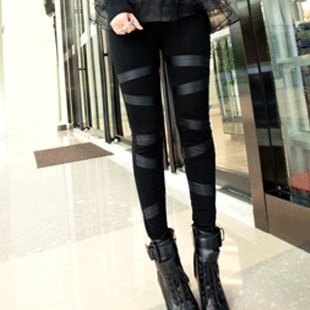 Free shipping hot sale Women's 2012 new arrival autumn fashion women leather patchwork streak legging lady black trousers s1145