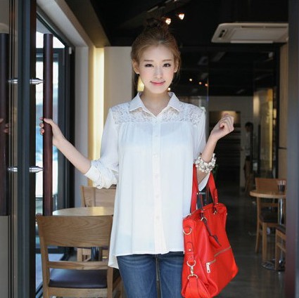 Free shipping,hot sale,women's back lace patchwork casual loose white shirt,blouses,free size,B001