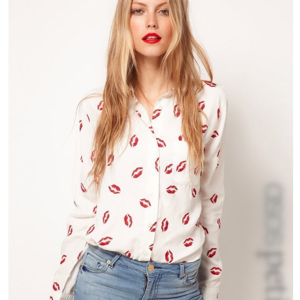 Free shipping  HOT SALE! Women's Fashion Hot Red Lips Casual long sleeves Shirts Size S M L