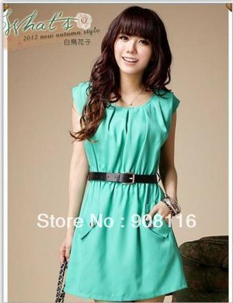 Free shipping,Hot sell,2013 New Women Korean Style sweet solid color chiffon mini dress/skirt,Green,Pink,X2667