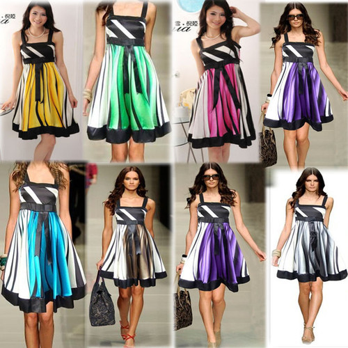 Free shipping Hot Sell 7 Colors women elegant stripe party evening boho ball gown satin empire knee-length dress Size:M L XL XXL