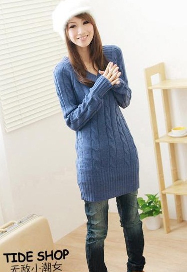 Free shipping Hot Sell Women Thickening knitting Sweater V-neck vintage Long Loose cotton Sweater Pullover For Women