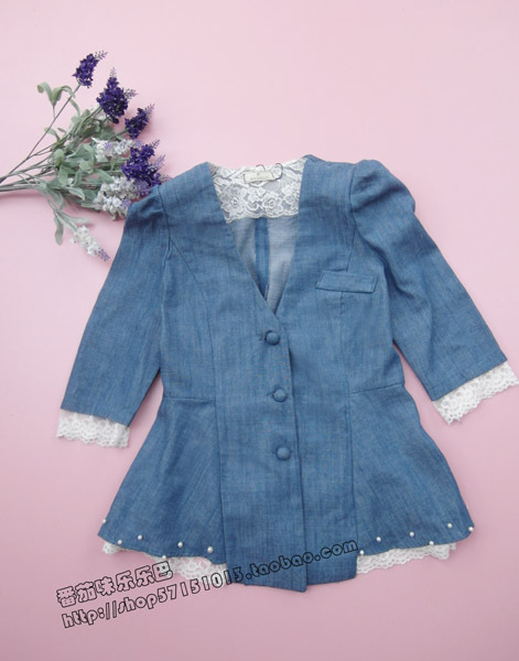 Free shipping Hot-selling ! 2012 fifth sleeve half sleeve denim short jacket gentlewomen lace pearl denim outerwear