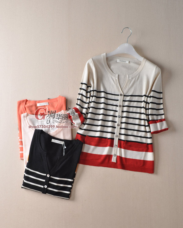 free shipping  Hot-selling ! fashion scissors V-neck female wool stripe basic sweater shirt pullover sweater 0540