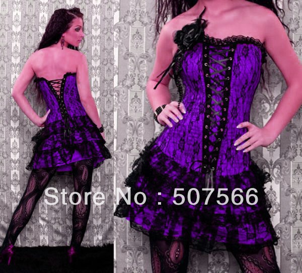 Free Shipping Hot Selling  High Quality  2176 Purple Color Satin Sex Bustier/Sexy Corset And G String./Lingerie Size S-XL