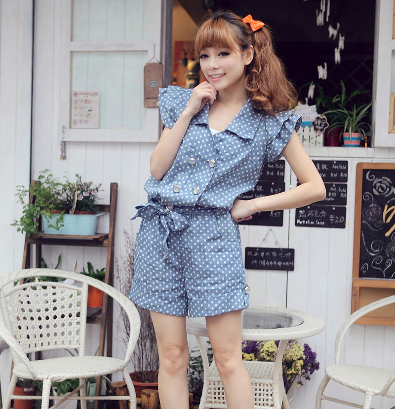 Free shipping, Hot-selling polka dot sparkling diamond double breasted belt denim turn-down collar one piece shorts 61219