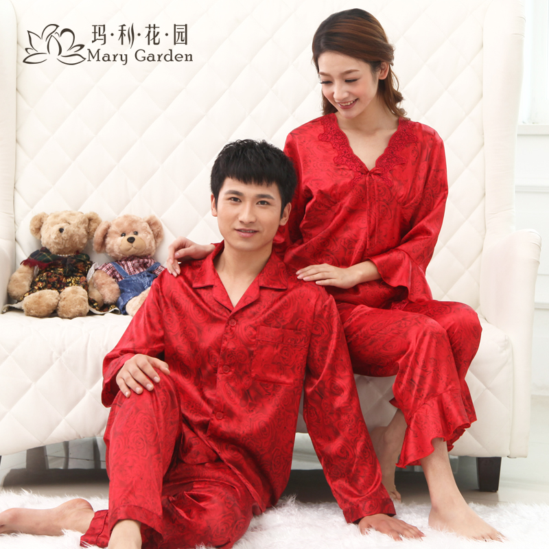 Free shipping Hot-selling rose lovers festive faux silk sleepwear red married lounge 11sf3201