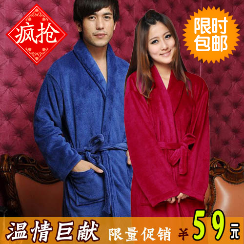 Free Shipping Hot-selling set male women's robe coral fleece solid color bathrobe autumn and winter long-sleeve lovers sleepwear