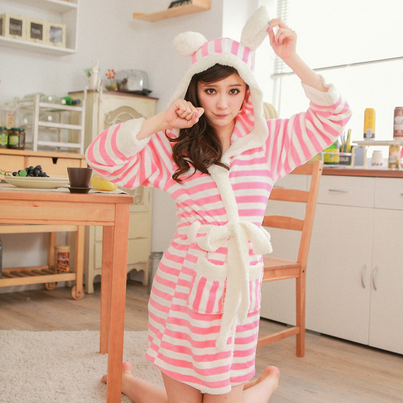 Free Shipping Hot-selling stripe with a hood coral fleece robe flannel bathrobe autumn and winter women's cartoon sleepwear