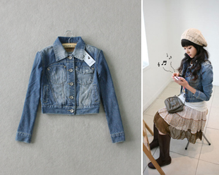 Free shipping Hot-selling water wash blue slim long-sleeve personalized all-match denim short jacket female b3018