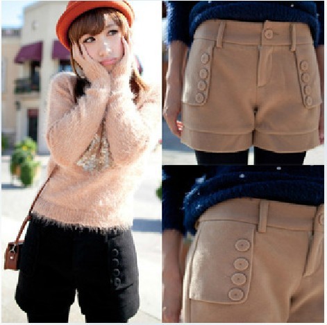 Free Shipping Hot-selling women's slim thickening short woolen casual shorts all-match boot pants(Khaki+Black+S/M/L/XL)121224#5