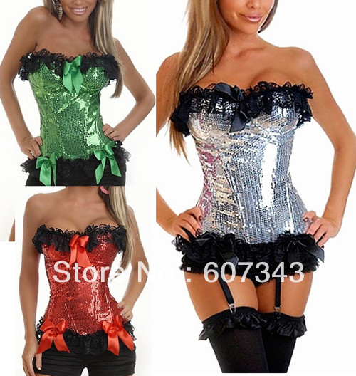 Free Shipping HOT Sexy Shining Women's Sequins Bowknot Showgirl Clubwear Corset Bustier G-string