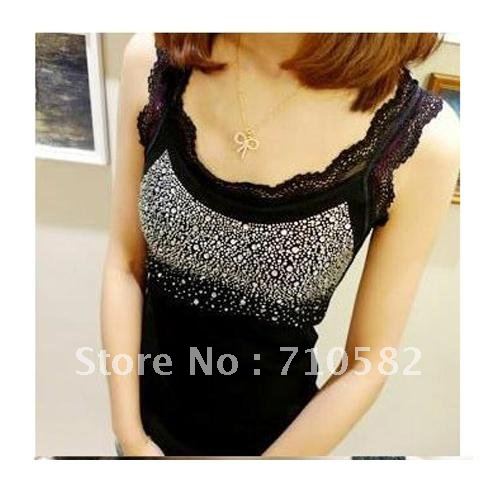 Free shipping hottest sale women sexy rhinestone lace screw thread  camisole, Supporter vest, under shirt