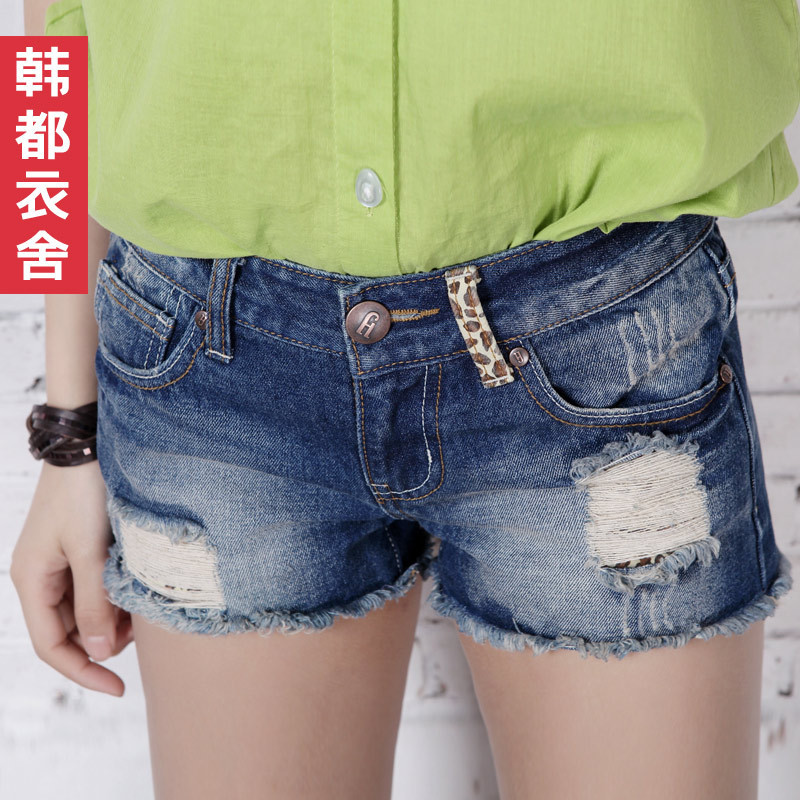 Free shipping HSTYLE 2012 summer women's leopard print wearing white hole denim shorts jy2005