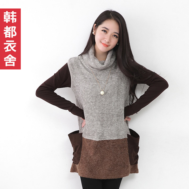 FREE SHIPPING HSTYLE 2013 autumn patchwork heap turtleneck sleeveless medium-long sweater