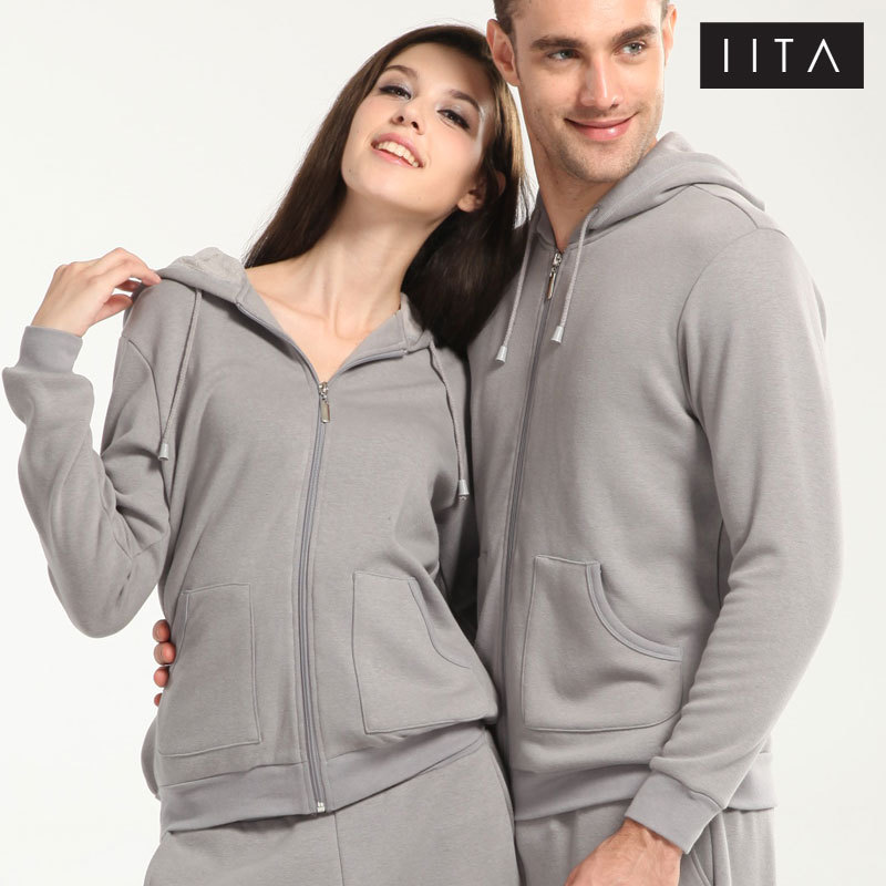 Free shipping Iita lounge cotton brushed with a hood long-sleeve zipper lovers sleep set