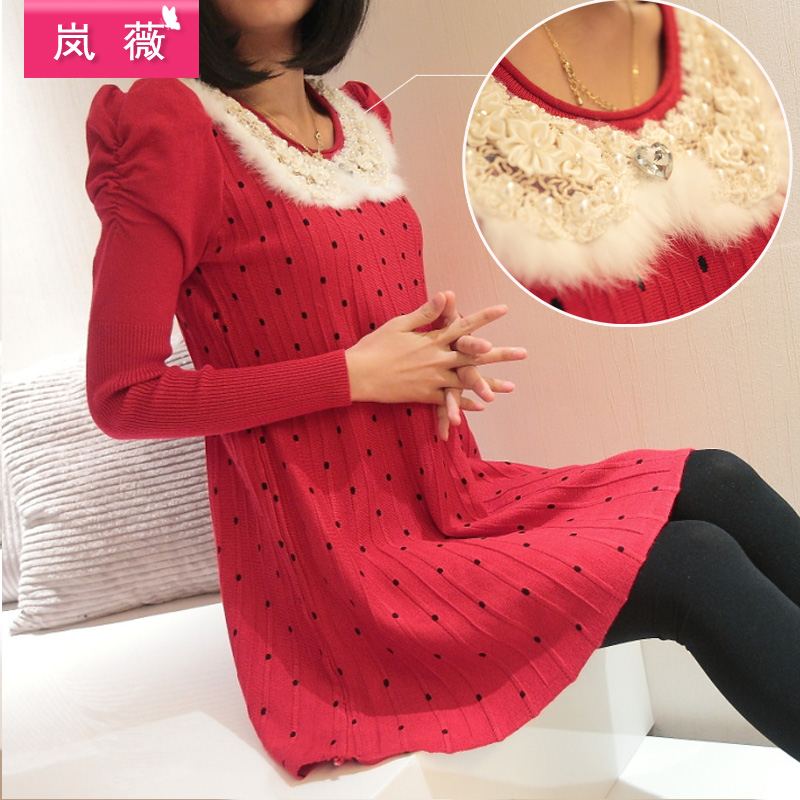 Free Shipping  In the spring and autumn dress new sweet wave point loose long sleeve sweater dress