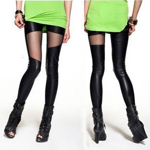 Free shipping Irregular gauze patchwork faux leather pants legging trousers female