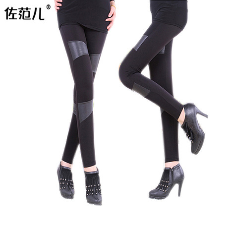 Free shipping Irregular knee plus velvet faux leather patchwork pants female ankle length legging trousers