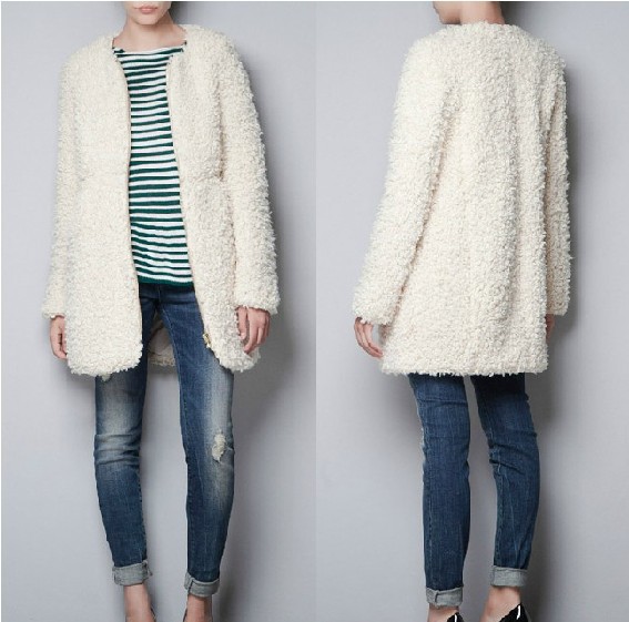 Free Shipping Ivory White Wool Fur Coat Velvet Overcoat Gold Long Zipper Long Design Overcoat XS-XXL