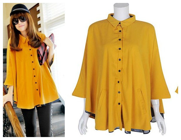 Free shipping Japan and Korean style 2012  women's loose shirt turn-down collar single button shirt yellow color free size