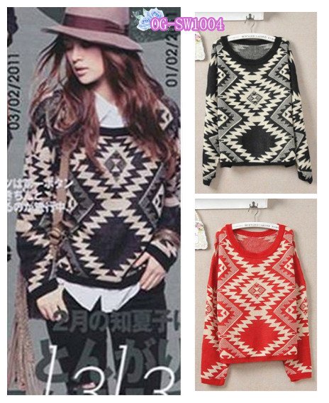 Free shipping, Japanese Style , 2012 popular Geometric patterns loose Sweater women pullovers sweater, black red 2 colors F size