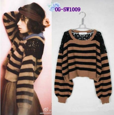 Free shipping, Japanese Style, 2013 popular Hollow out lace patchwork stripe loose rabbit hair women pullovers, 2colors F size