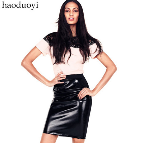 Free Shipping Japanned leather skirt skirt-pocket elastic waist back zipper black 6 full