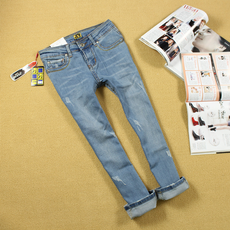 Free shipping, Jeans female ankle length trousers female skinny pants jeans light color