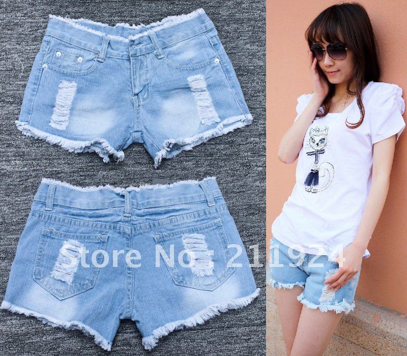 Free shipping Jeans shorts hole and tassels