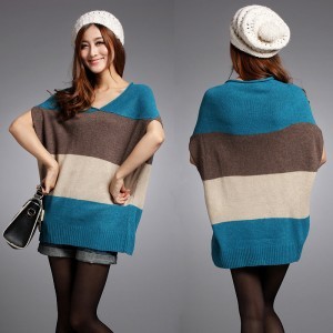 free shipping Jinlan three-color stripe knitted top V-neck pullover Size fits all wool sweater women's