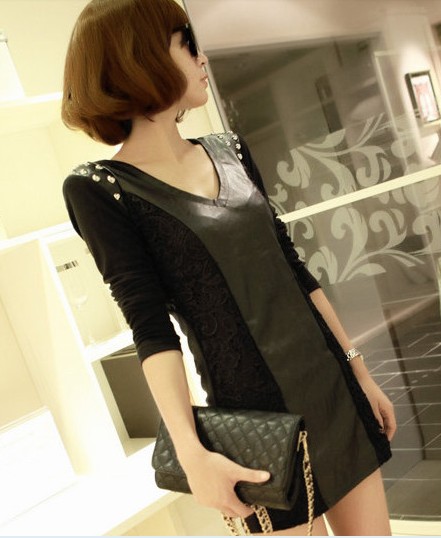 Free shipping K44 slim sexy slim hip leather skirt lace basic skirt long-sleeve one-piece dress