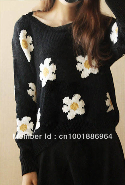 FREE SHIPPING Kaki show titty&co flower daisy sunflower short design sweater ladies jumper floral