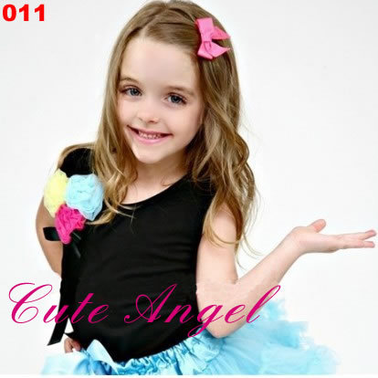 Free shipping kid cute angel puff skirt 100% 4 flower cotton vest black t-shirt top little girl tutu top 5 pcs/lot