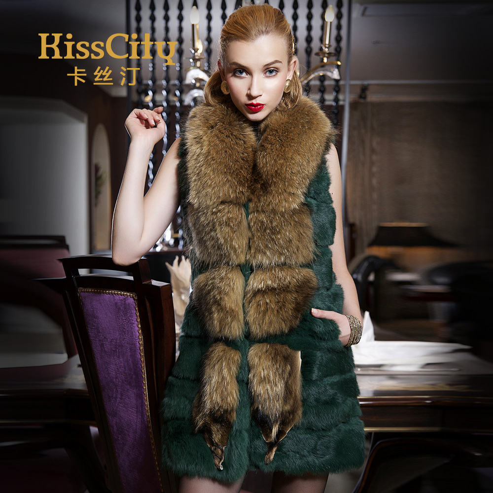 free shipping Kisscity fur women's 2012 medium-long rabbit fur vest outerwear raccoon fur kcy815