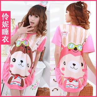 free shipping Knitted 100% cotton summer women's short-sleeve summer cartoon bear sleepwear home set