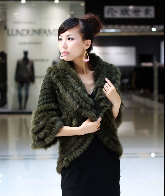 Free Shipping Knitted Genuine Rabbit Fur Cape Three Quarter Sleeve knitted Rabbit Sweater Wool Outerwear