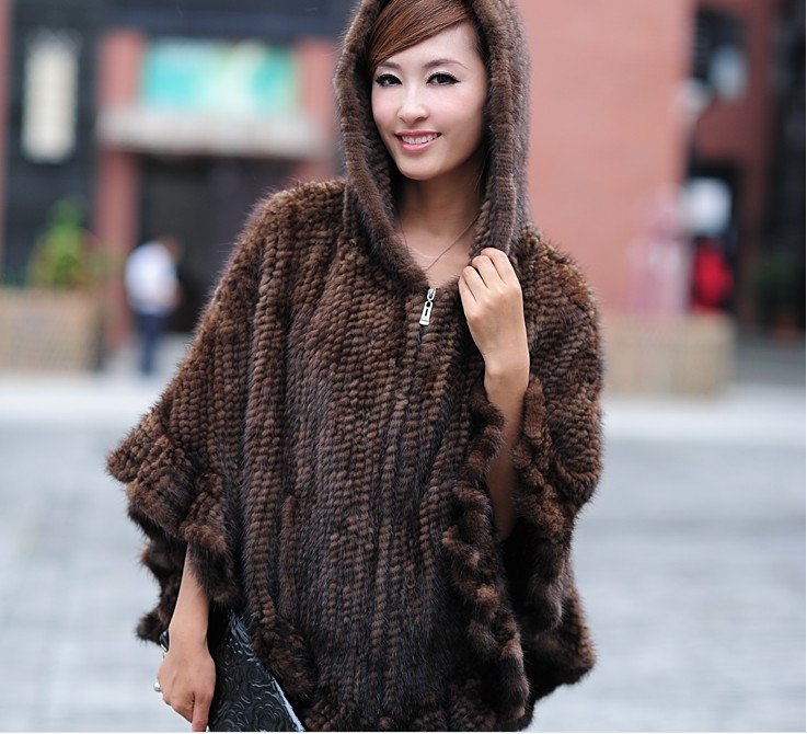 Free shipping knitted mink fur cape  mink fur poncho  mink tail fur shawl 2 colors  OEM