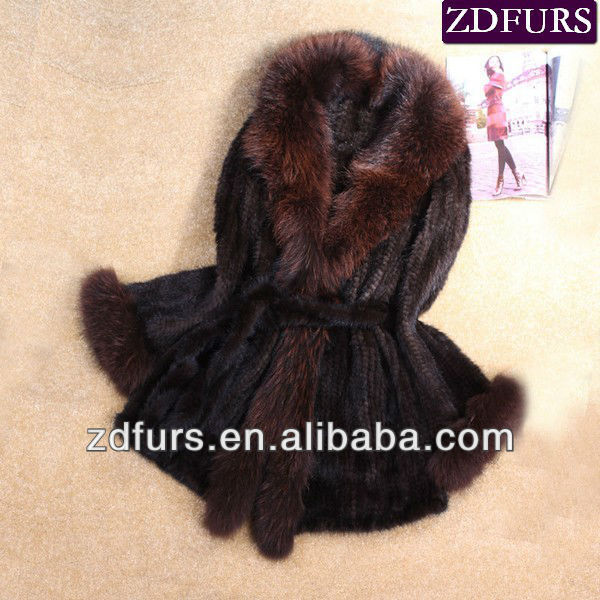 Free Shipping Knitted Mink Fur Garment with Fox Trimmings Brown ZDKM-2010