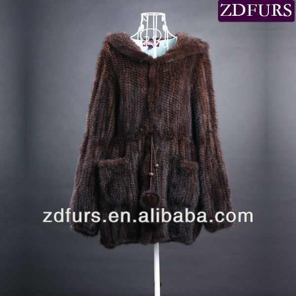 Free Shipping Knitted Mink Fur Garment with Hood Brown/ Black ZDKM-2009